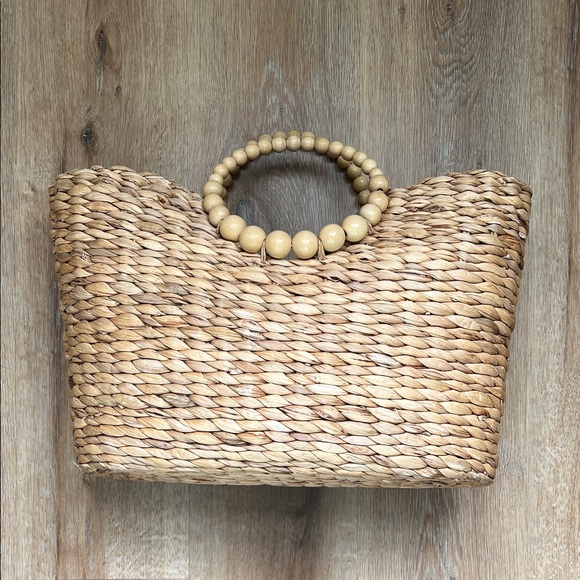 Bohemian Style Natural Woven Tote Bag with Wooden Handles - Picture 1 of 14